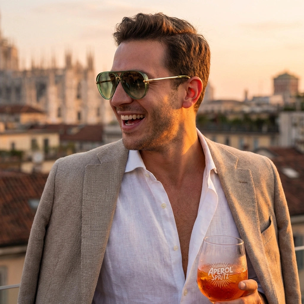 Homme portant des lunettes aviateur oversize vertes au coucher de soleil