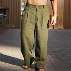 Pantalon Lin Jambe Large Homme Vert Olive Été – Valenne