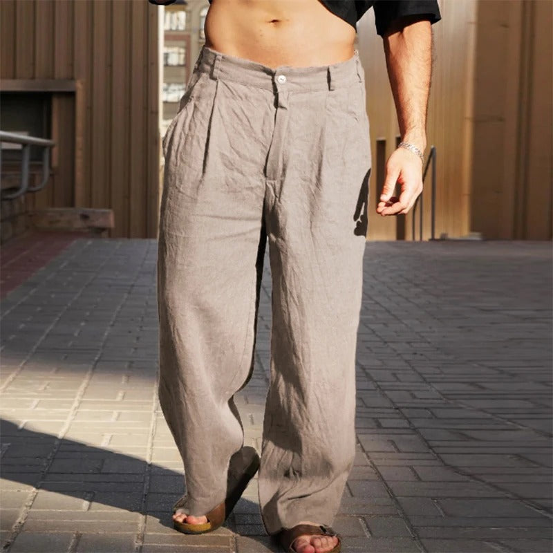 Pantalon Lin Large Détail Taille Haute Plis – Valenne