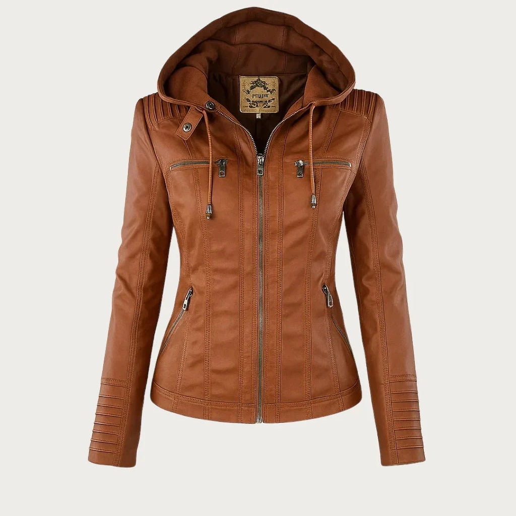 Veste Cuir Moto Capuche Femme Camel – Valenne
