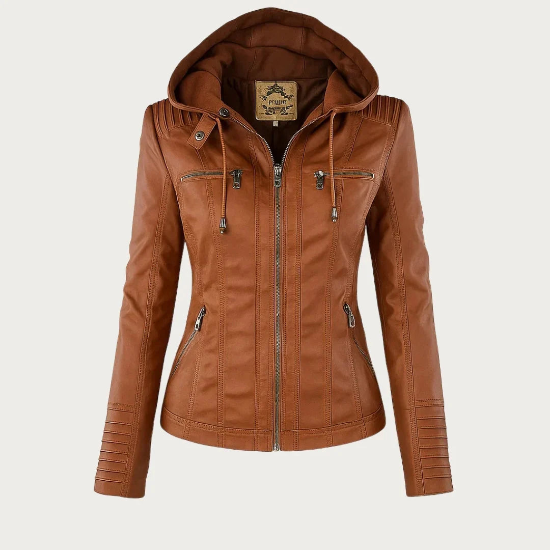 Veste Cuir Moto Capuche Femme Camel – Valenne